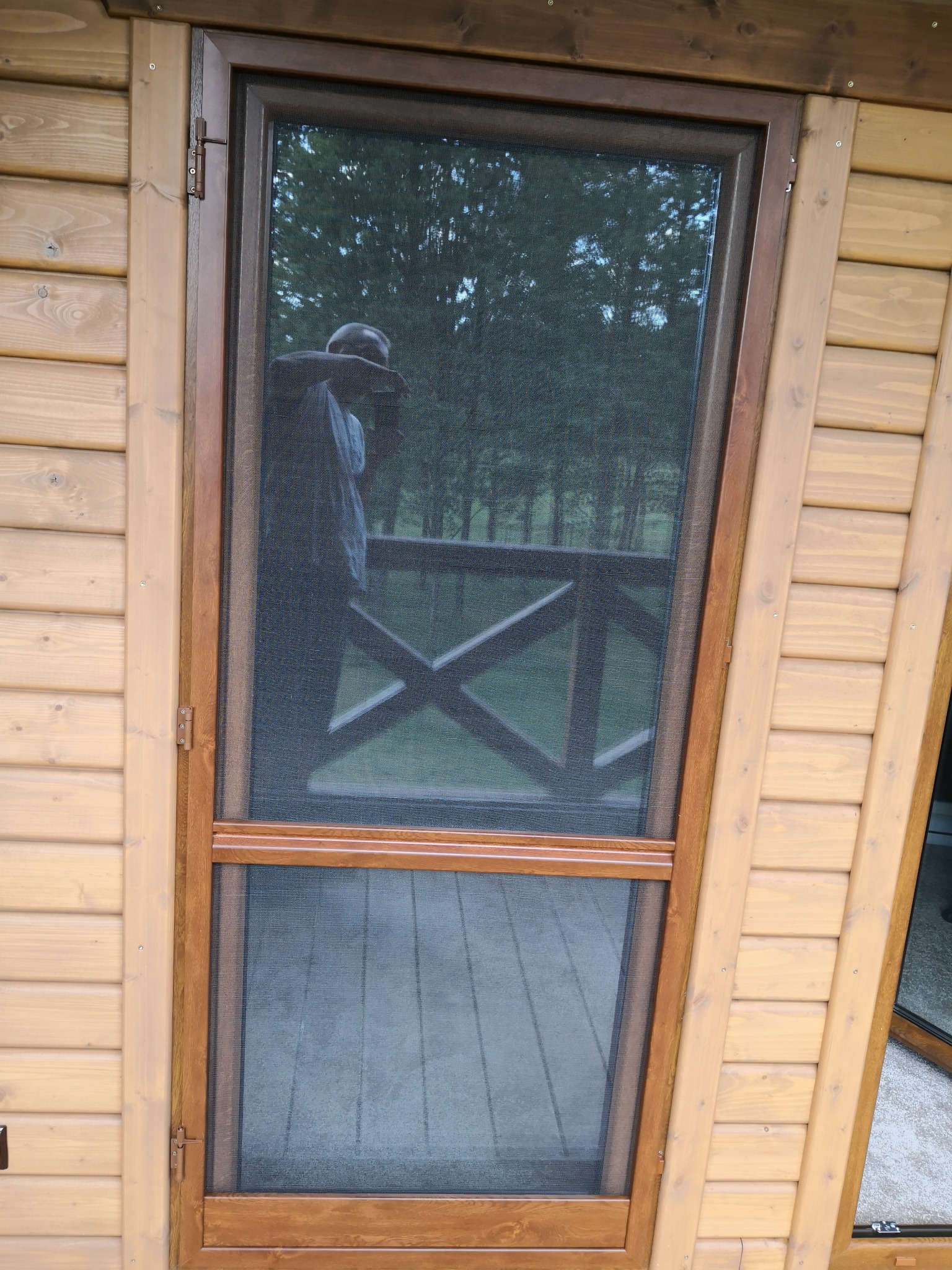 Drewniane drzwi z moskitierą, widoczne przez siatkę drzewa i fragment balustrady balkonu, odbicie osoby w siatce.