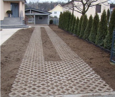 Ułożona droga dojazdowa z ażurowych betonowych płyt, z dwoma rzędami trawy pośrodku, otoczona świeżo przekopaną ziemią i żywopłotem z tuj.