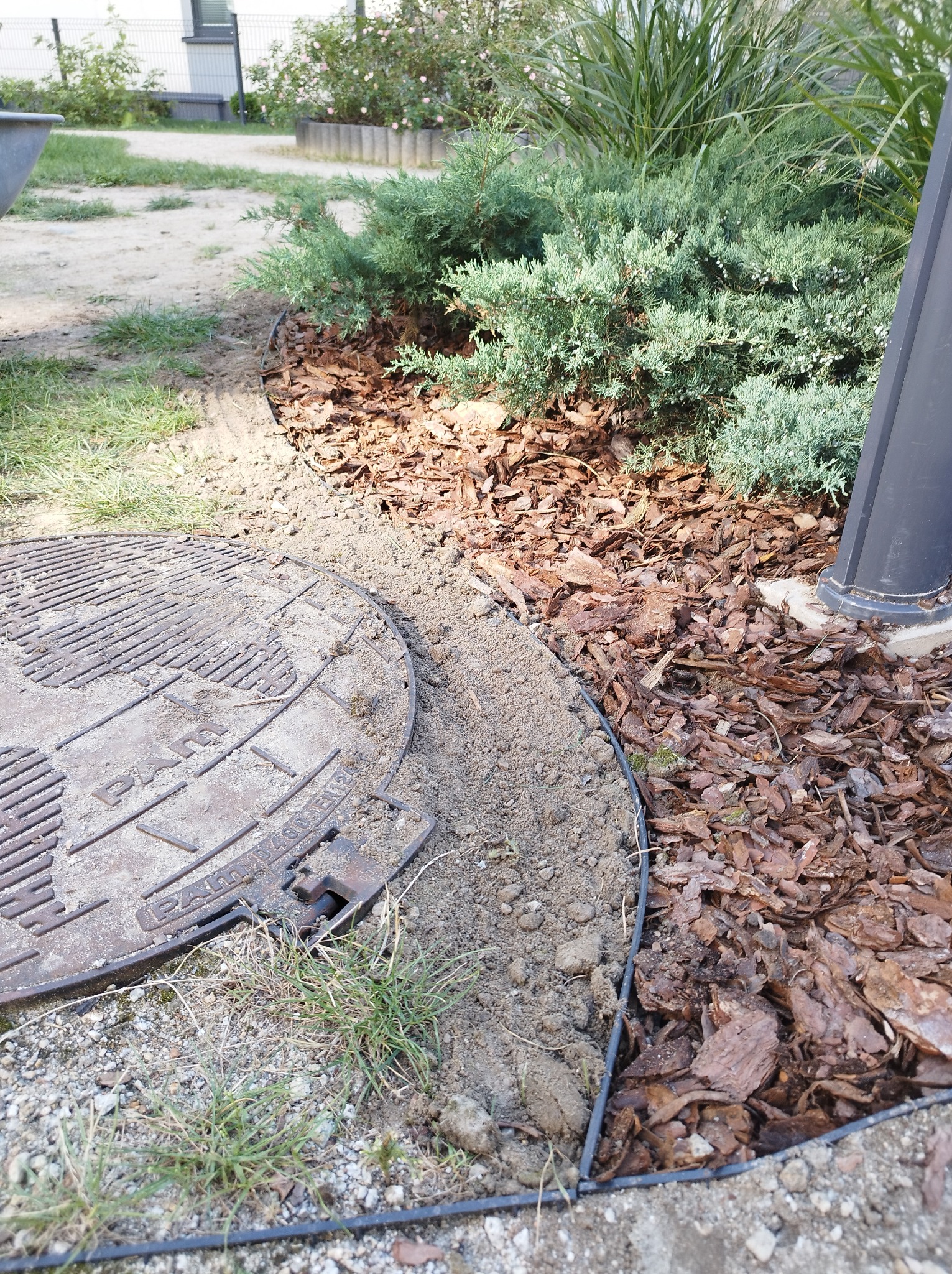 Świeżo obsypana korą rabata w Błoniu, z widoczną studzienką kanalizacyjną i obrzeżem trawnika. Kora rozsypana wokół niskiego krzewu iglastego.