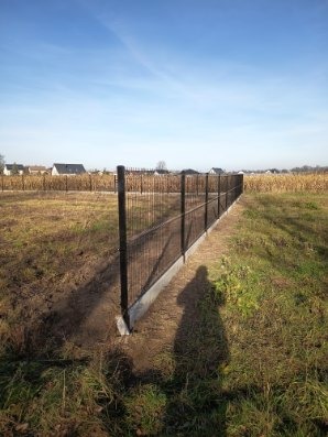 Długa, czarna siatka ogrodzeniowa na betonowej podmurówce, oddzielająca pole od terenu z niską roślinnością. Widoczny cień osoby fotografującej.