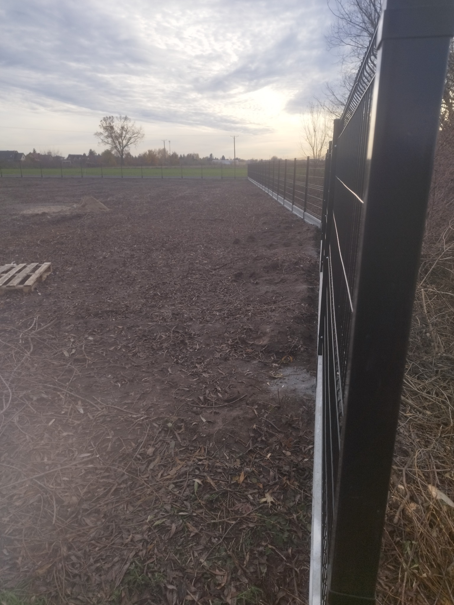 Nowo postawione, czarne ogrodzenie panelowe na grząskim terenie. Widok z bliska na słupki i panele, w tle pole i drzewa pod pochmurnym niebem.