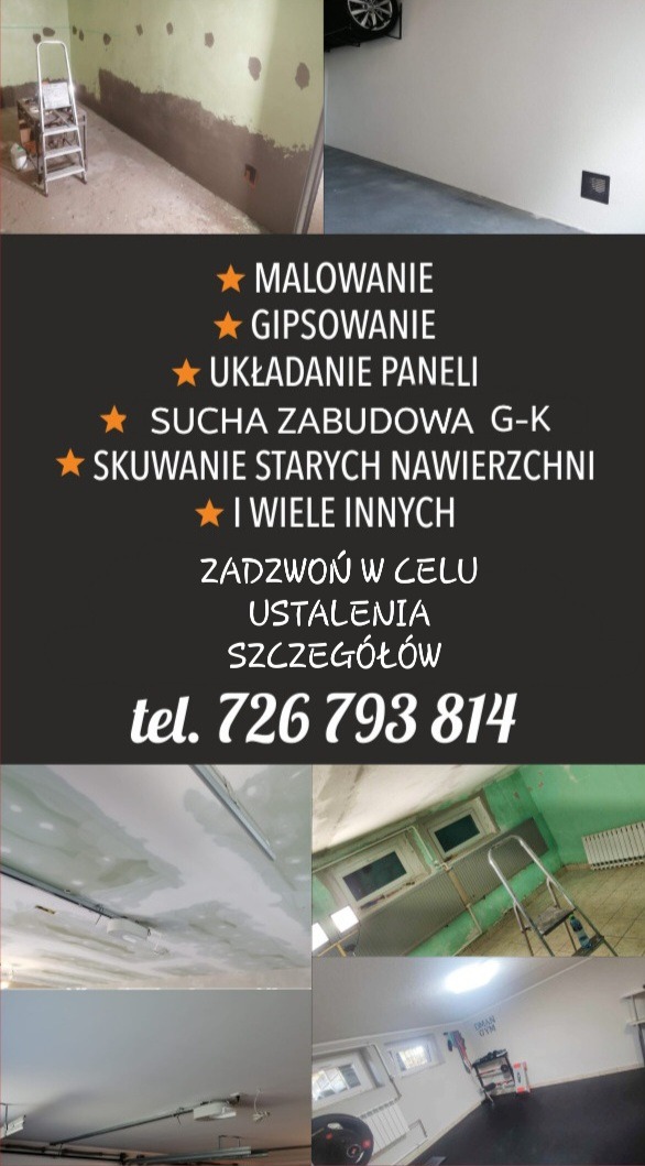 Mozaika zdjęć przedstawiająca etapy prac remontowych: przygotowanie ściany pod gładzie z widoczną drabiną, gładka biała ściana w garażu, sufit przed i po pracach, oraz wyremontowane pomieszczenie...