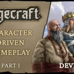 Grafika prezentująca grę Liegecraft z hasłem 'Character Driven Gameplay' i trzema postaciami w średniowiecznych strojach, w tym królem w koronie, jako kadr z devlogu #1.
