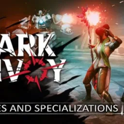 Kadr z trailera gry Dark Envoy prezentujący postacie w dynamicznej scenerii fantasy z elementami sci-fi, z logo gry i napisem 'Classes and Specializations' na pierwszym planie.