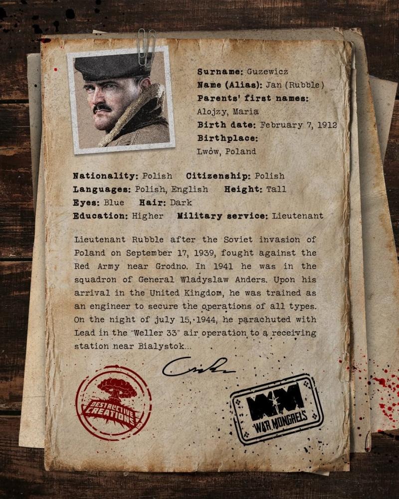 Stylizowany dokument z fotografią mężczyzny w wojskowym nakryciu głowy, przypięty spinaczem do sterty postarzanych papierów, z tekstem biograficznym i stemplami 'Destructive Creations' i 'War...