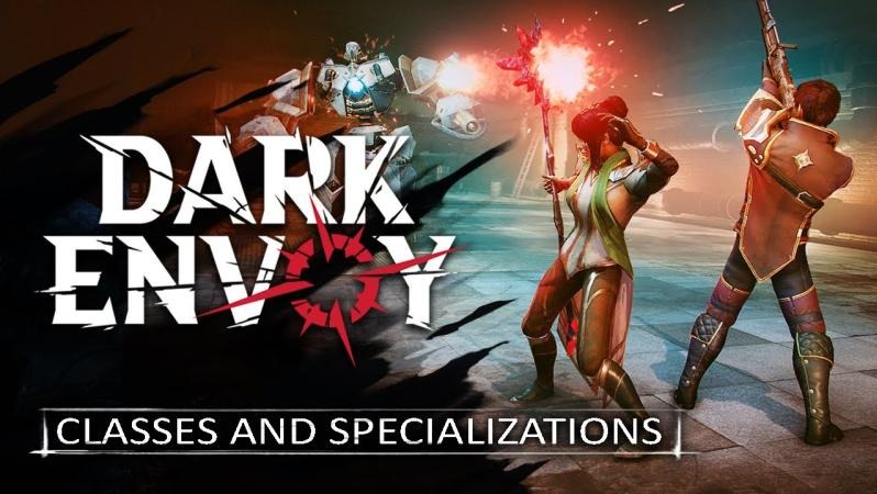 Kadr z trailera gry Dark Envoy prezentujący postacie w dynamicznej scenerii fantasy z elementami sci-fi, z logo gry i napisem 'Classes and Specializations' na pierwszym planie.