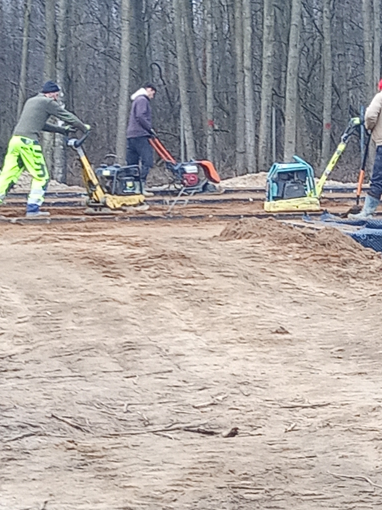 Prace ziemne w trakcie wyrównywania terenu pod budowę, pracownicy używają zagęszczarek w pobliżu lasu.