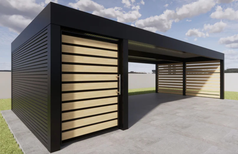 Nowoczesna pergola z metalową konstrukcją w kolorze czarnym i drewnianymi panelami, z przesuwnymi drzwiami, na betonowym podłożu.
