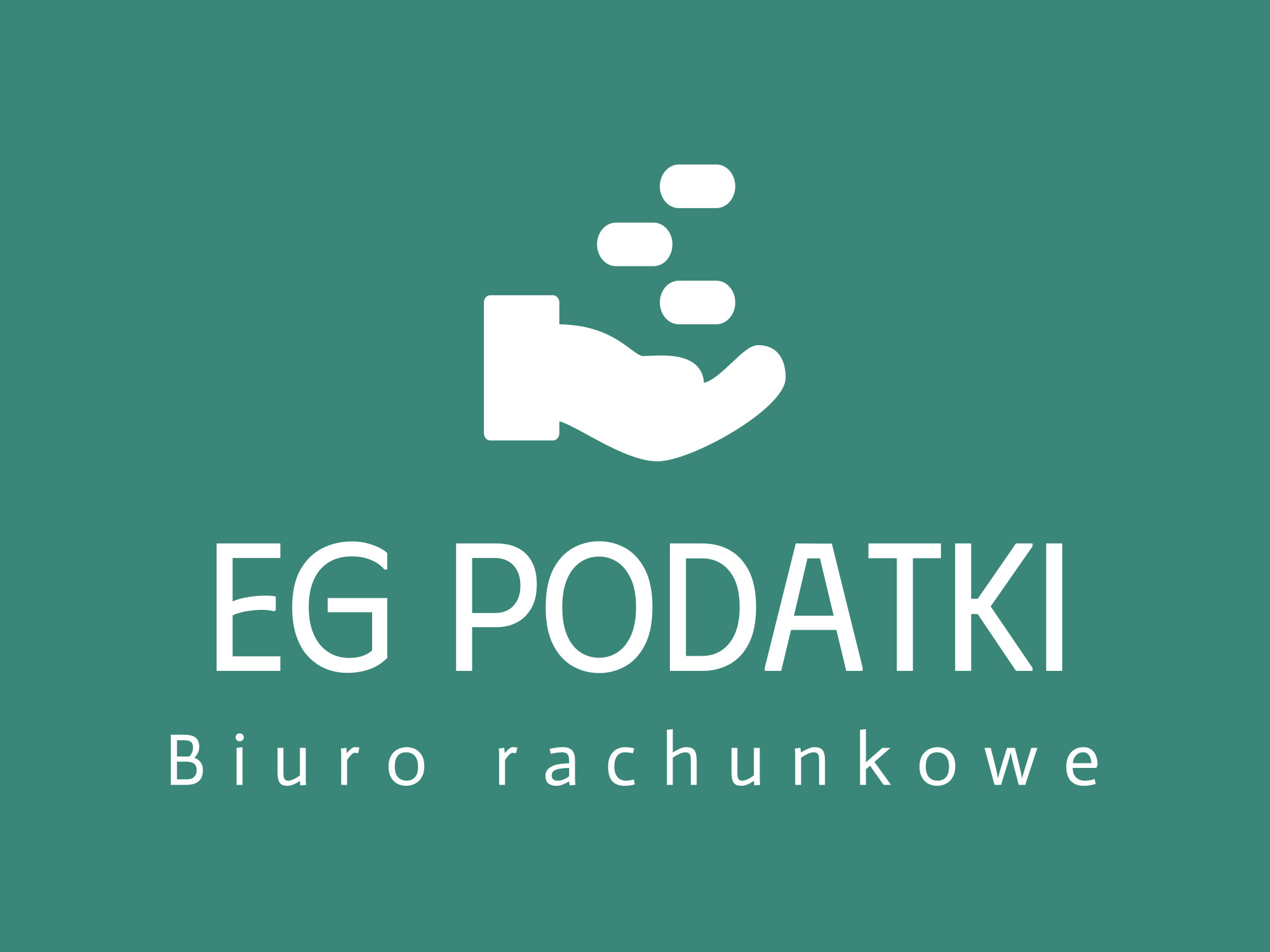 Logo biura rachunkowego EG Podatki, przedstawiające dłoń z monetami na zielonym tle.
