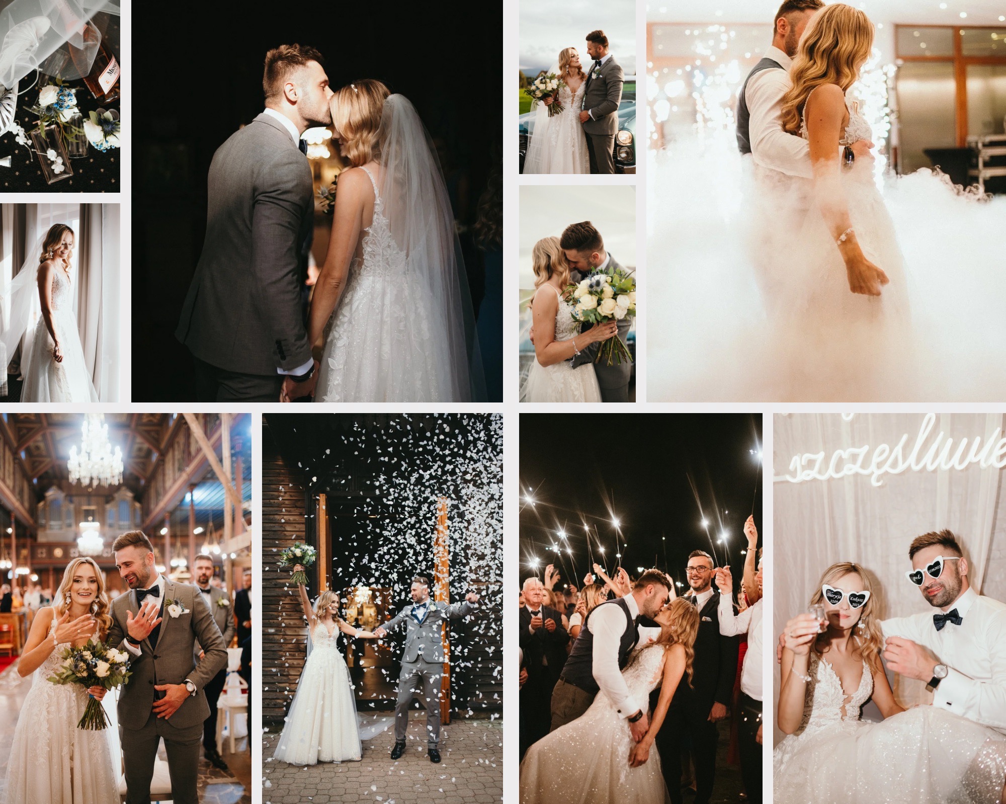 Kolaż zdjęć z ceremonii ślubnej: pocałunek w czoło, taniec w dymie, konfetti, zimne ognie, para młoda z neonem 'szczęśliwie' w okularach w kształcie serc.