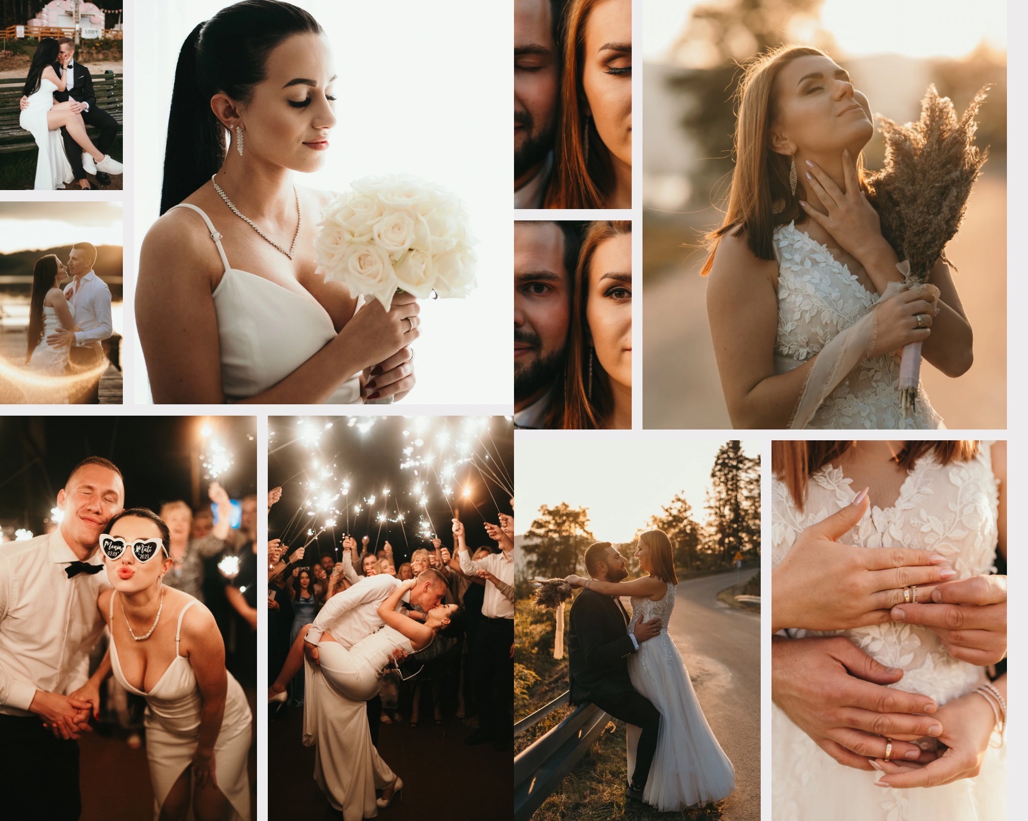 Kolaż zdjęć ślubnych: para na ławce, panna młoda z bukietem białych róż, zbliżenie twarzy pary, panna młoda trzymająca suszone kwiaty, para z zimnymi ogniami, para na tle drogi, zbliżenie dłoni...