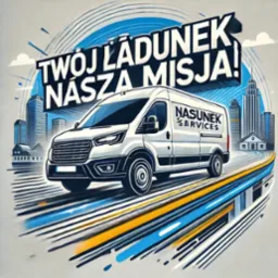 Grafika przedstawia biały van z napisem 'NASUNEK SERVICES' na tle stylizowanego miasta i hasła 'TWÓJ ŁADUNEK NASZA MISJA!'. Dynamiczne linie sugerują szybki transport.