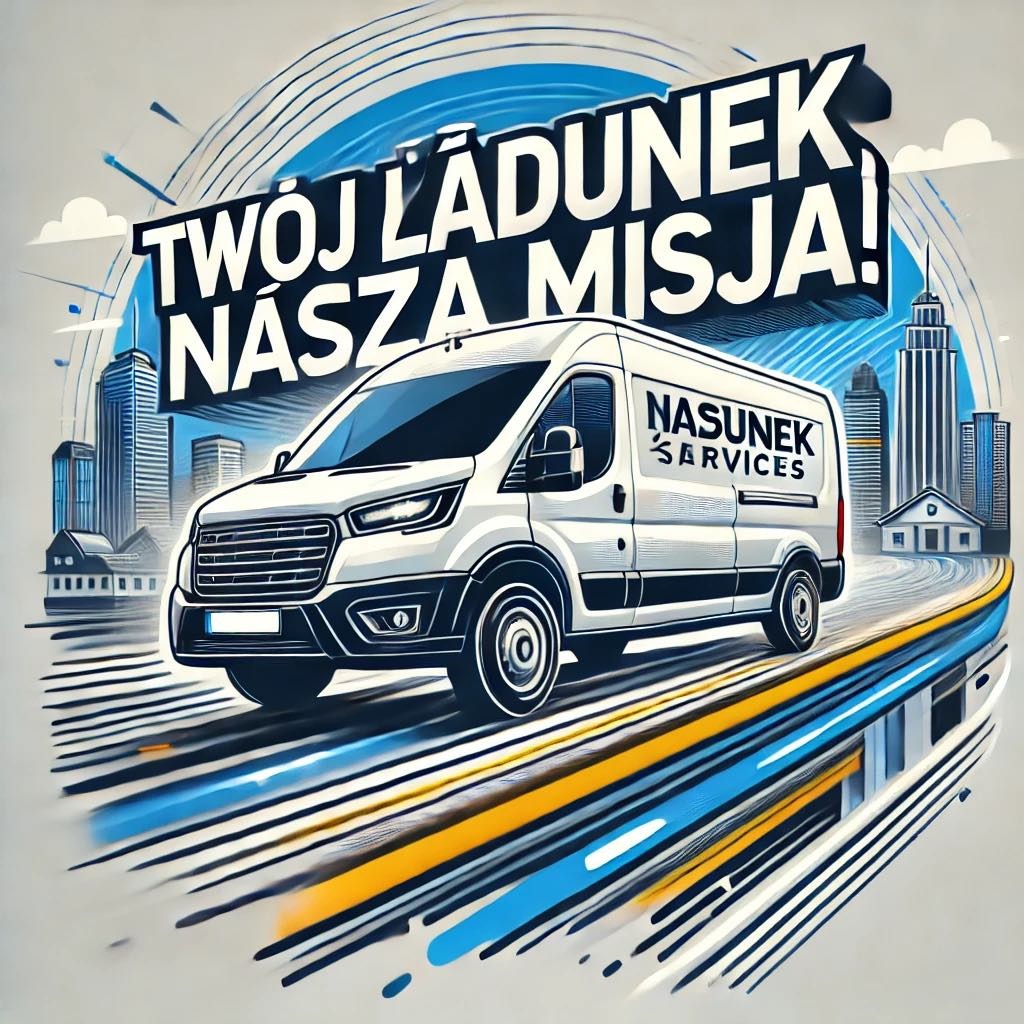 Grafika przedstawia biały van z napisem 'NASUNEK SERVICES' na tle stylizowanego miasta i hasła 'TWÓJ ŁADUNEK NASZA MISJA!'. Dynamiczne linie sugerują szybki transport.