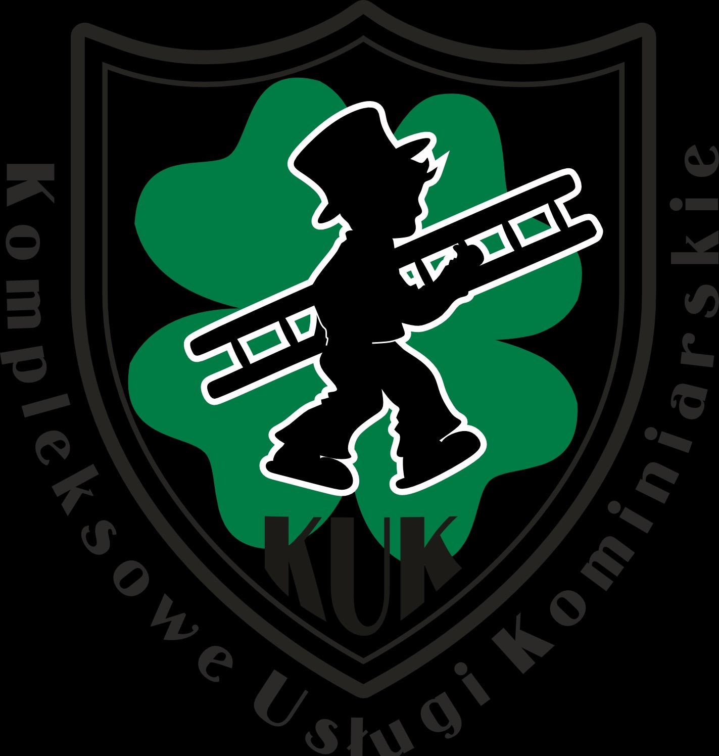 Logo firmy kominiarskiej: sylwetka kominiarza z drabiną na tle zielonej koniczyny, otoczone napisem 'Kompleksowe Usługi Kominiarskie'.