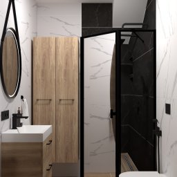PAVEL TSYDZIK - Wizualizacja nowoczesnej łazienki z kabiną prysznicową typu walk-in, umywalką z szafką z drewnopodobnym fornirem, okrągłym lustrem z czarną ramą i marmurowymi płytkami na ścianach.