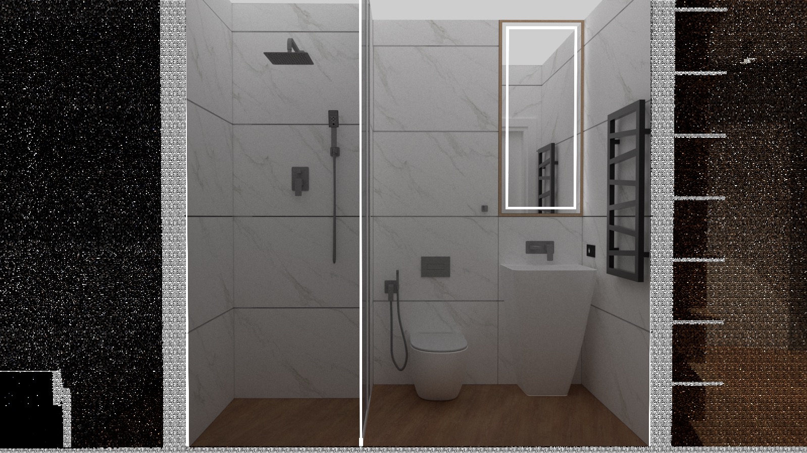 Wizualizacja łazienki z kabiną prysznicową typu walk-in, podwieszaną toaletą, umywalką na postumencie i podświetlanym lustrem w ramie.