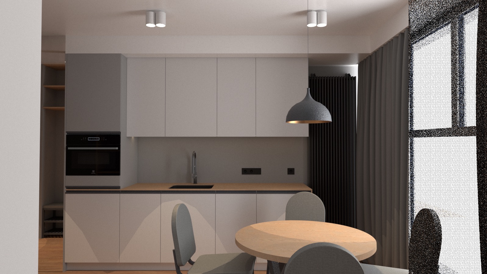 Minimalistyczna kuchnia z okrągłym drewnianym stołem, szarymi krzesłami, białymi szafkami i wiszącą lampą z szarego betonu.