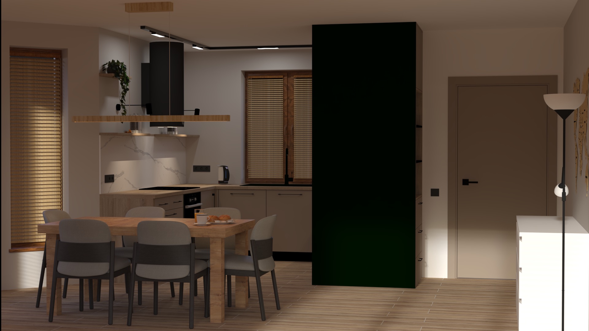 Wizualizacja kuchni z jadalnią: drewniany stół z szarymi krzesłami, beżowe szafki, czarny okap i wysoka, ciemnozielona ściana działowa.