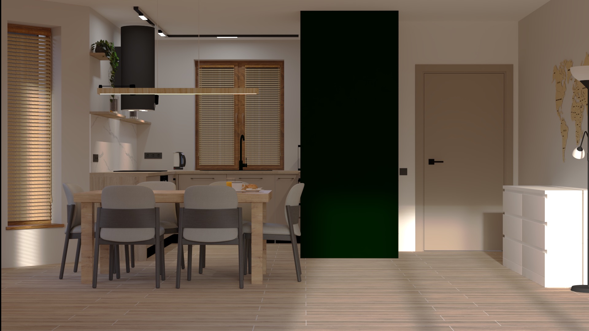 Wizualizacja wnętrza: jadalnia z drewnianym stołem, krzesłami z szarym obiciem, kuchnia z czarnym okapem i drewnianymi żaluzjami w tle, obok zielona ściana przesuwna i biała komoda z lampą.