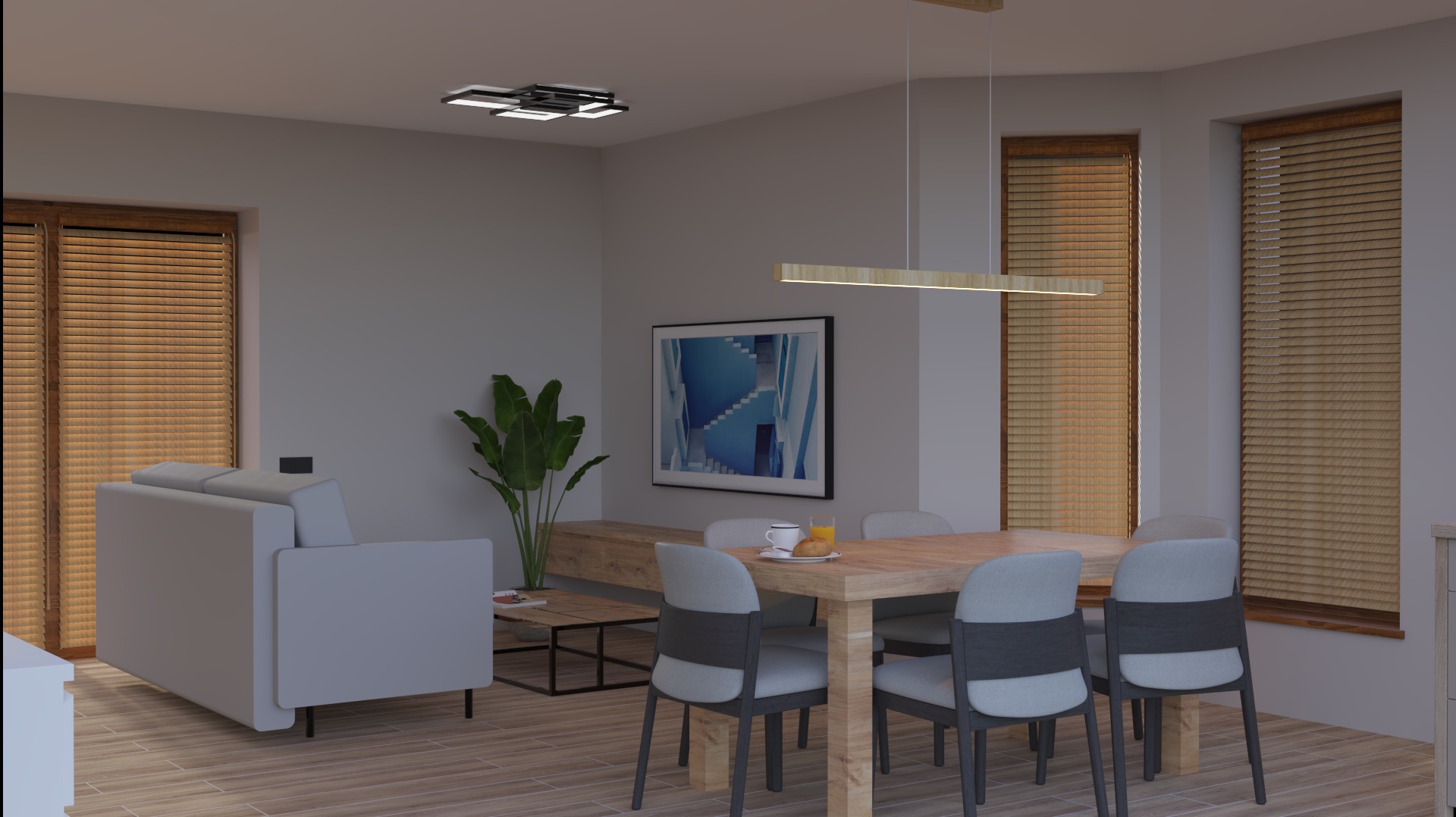 Nowoczesne wnętrze: salon z jadalnią, drewniany stół z szarymi krzesłami, minimalistyczny żyrandol, sofa i rolety w odcieniach brązu, obraz na ścianie.