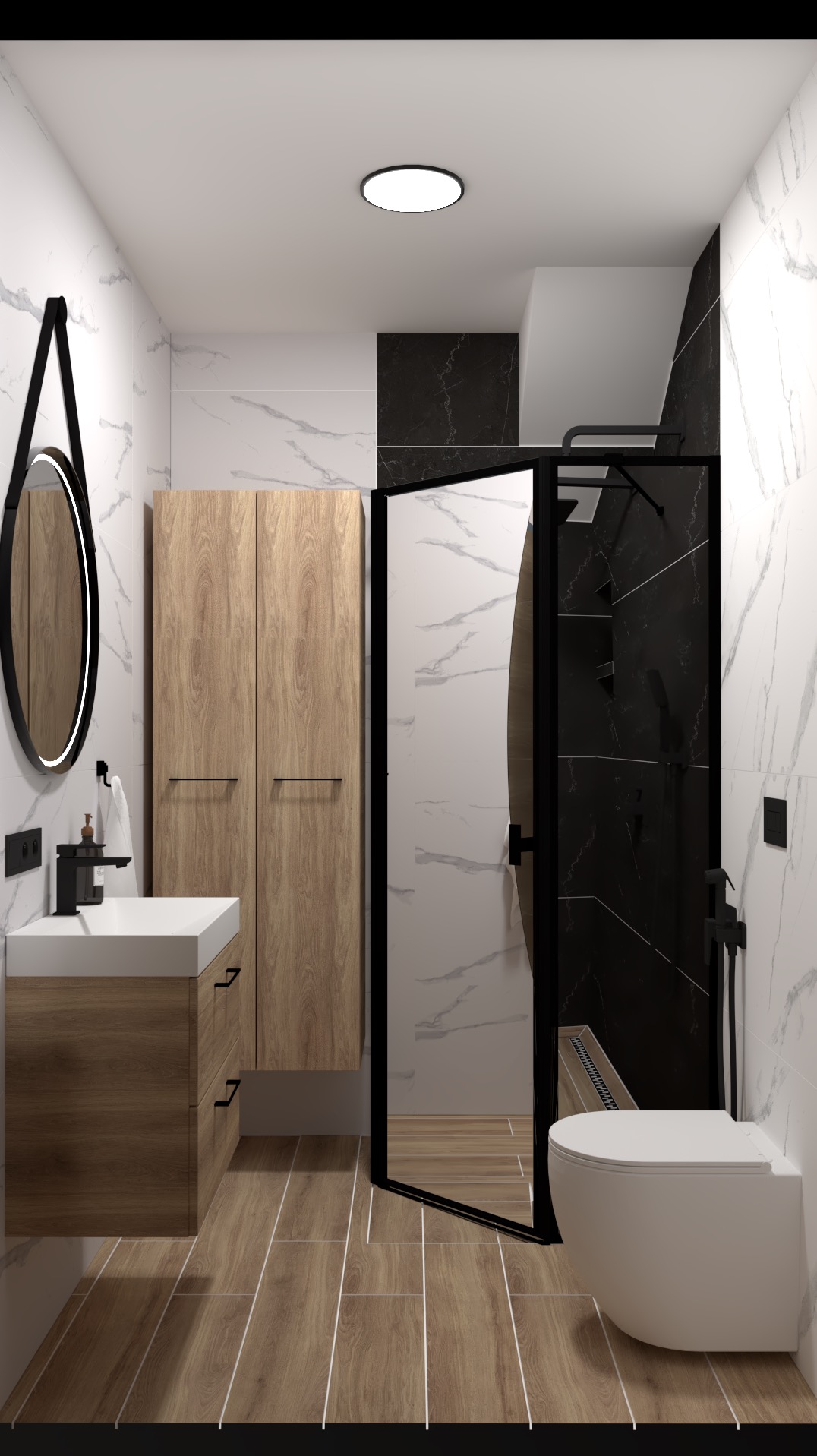Wizualizacja nowoczesnej łazienki z kabiną prysznicową typu walk-in, umywalką z szafką z drewnopodobnym fornirem, okrągłym lustrem z czarną ramą i marmurowymi płytkami na ścianach.