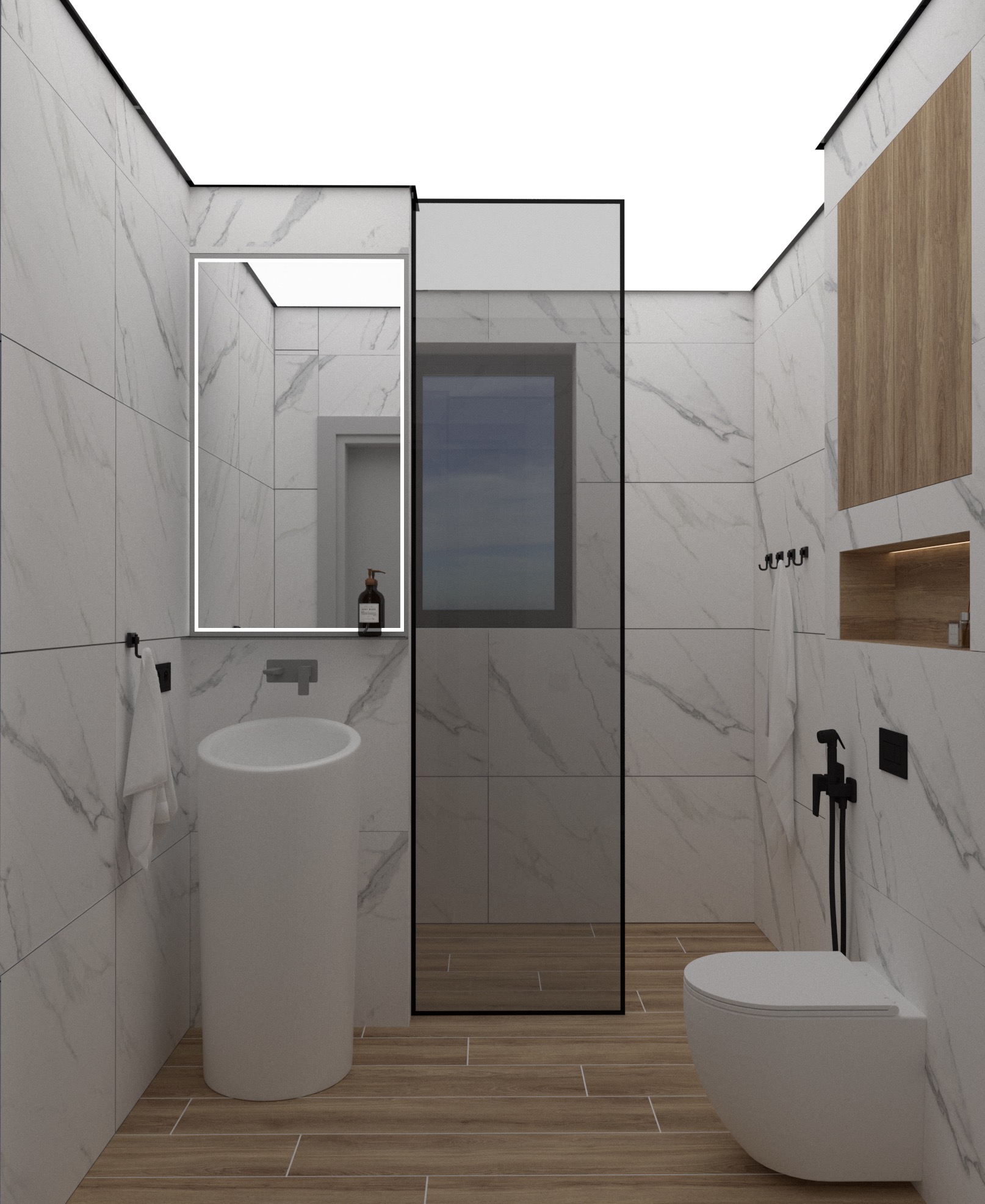 Wizualizacja łazienki z białymi marmurowymi płytkami, wolnostojącą umywalką, podświetlanym lustrem, kabiną prysznicową typu walk-in z czarną ramą i drewnianymi płytkami podłogowymi.