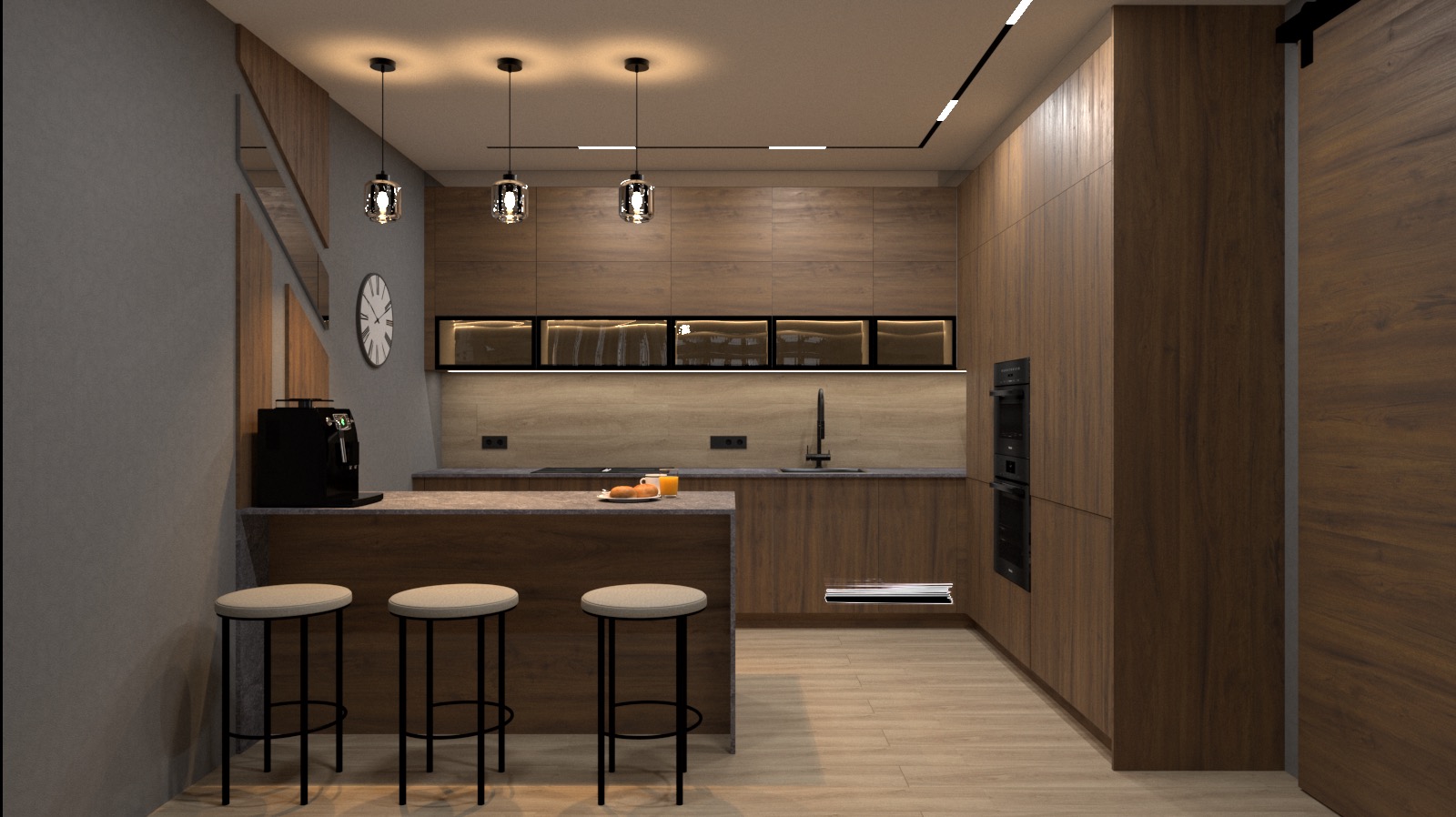 Nowoczesna kuchnia z drewnianymi frontami, wyspą z trzema hokerami, oświetleniem punktowym i ekspres do kawy na blacie.