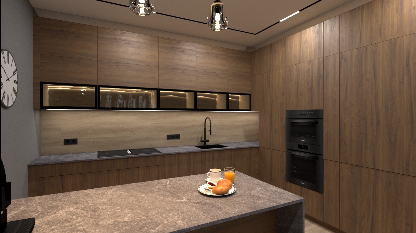 Nowoczesna kuchnia z drewnianymi frontami, wyspą z blatem imitującym kamień, oświetleniem podszafkowym i śniadaniem na blacie.