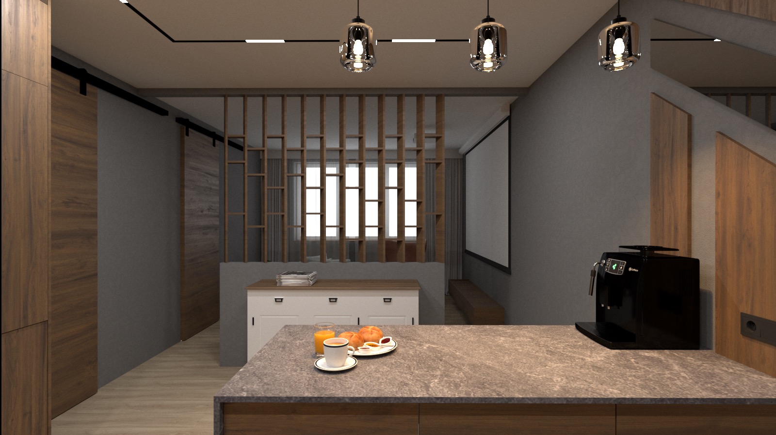 Wnętrze mieszkania z drewnianą ścianką działową, ekranem projekcyjnym, ekspresem do kawy, śniadaniem na blacie i nowoczesnym oświetleniem.