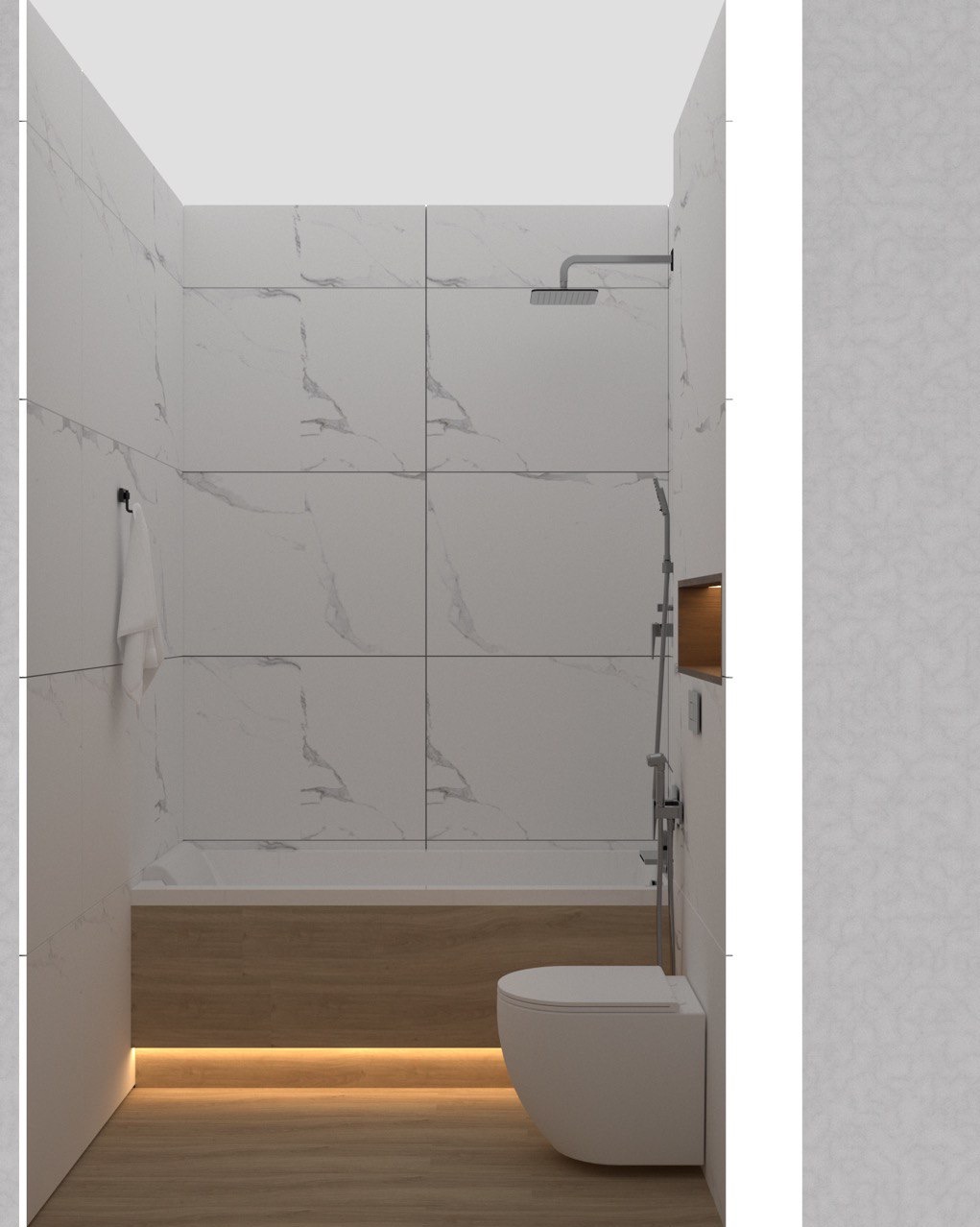 Minimalistyczna łazienka z białymi marmurowymi płytkami, podświetlaną wanną obudowaną drewnem, wiszącą toaletą i deszczownicą.