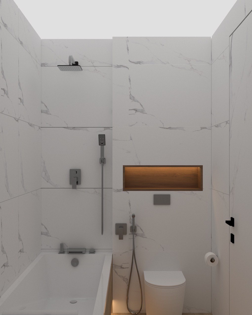 Nowoczesna łazienka z białymi marmurkowymi płytkami, podświetlana wnęka nad toaletą, bateria wannowa podtynkowa i deszczownica.