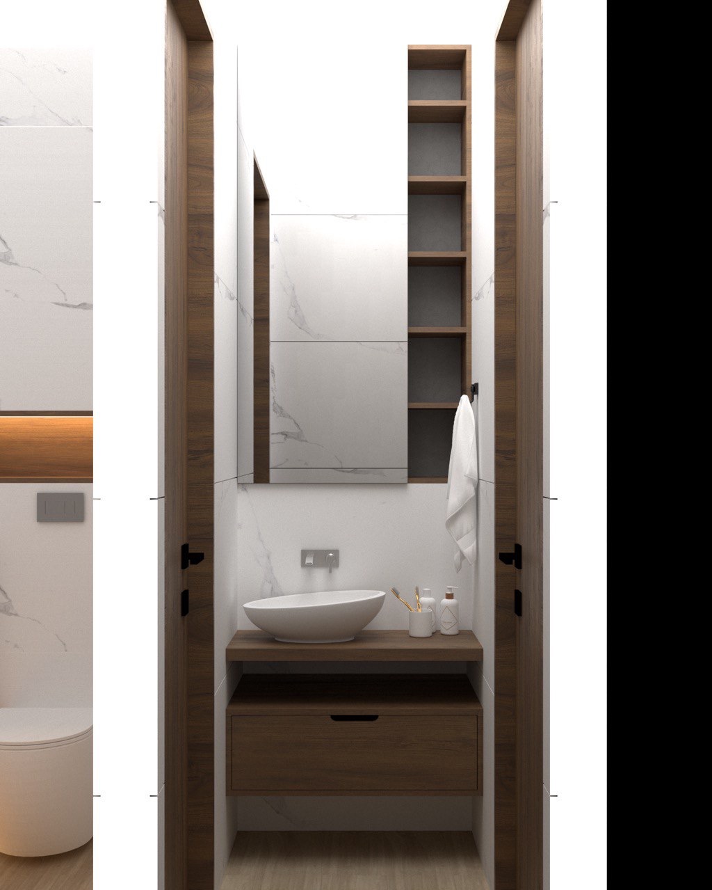 Wizualizacja małej łazienki z umywalką nablatową, drewnianą szafką pod umywalką, lustrem i wnęką z półkami. Białe płytki imitujące marmur na ścianach i podłodze. Ciemne, drewniane obramowanie drzwi.