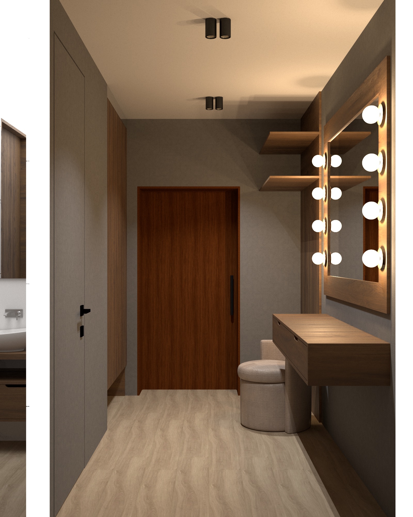 Wizualizacja wnętrza: toaletka z oświetlonym lustrem, pufa, drzwi drewniane i szafa w zabudowie w neutralnej kolorystyce.