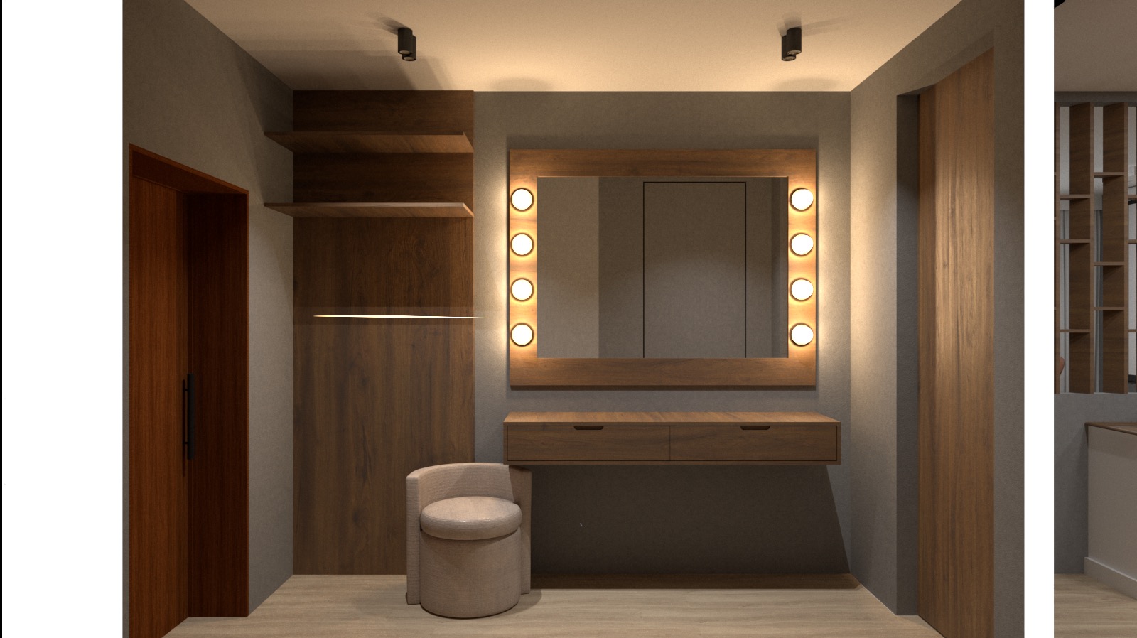 Toaletka z podświetlanym lustrem w drewnianej ramie, małe krzesło tapicerowane, drewniane szafki wbudowane w ścianę, oświetlenie punktowe sufitowe, minimalistyczny styl.