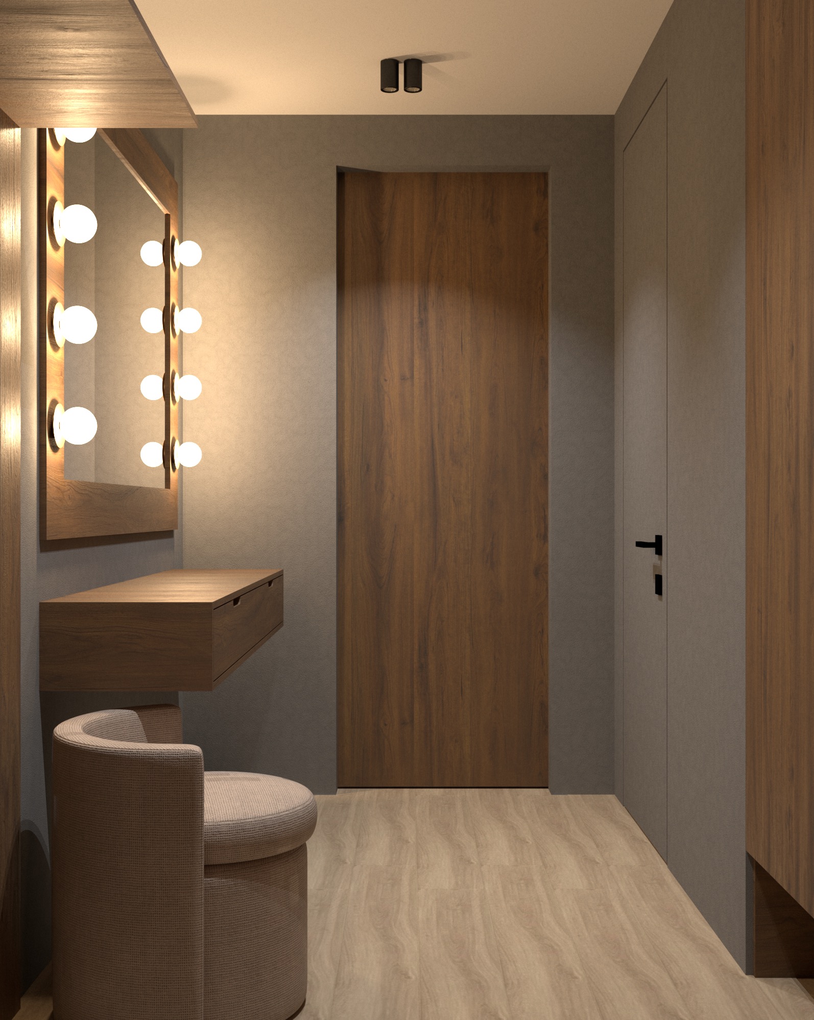 Nowoczesna toaletka z lustrem podświetlanym żarówkami w minimalistycznej łazience z drewnianymi akcentami i podłogą, obok drzwi z ciemnego drewna.
