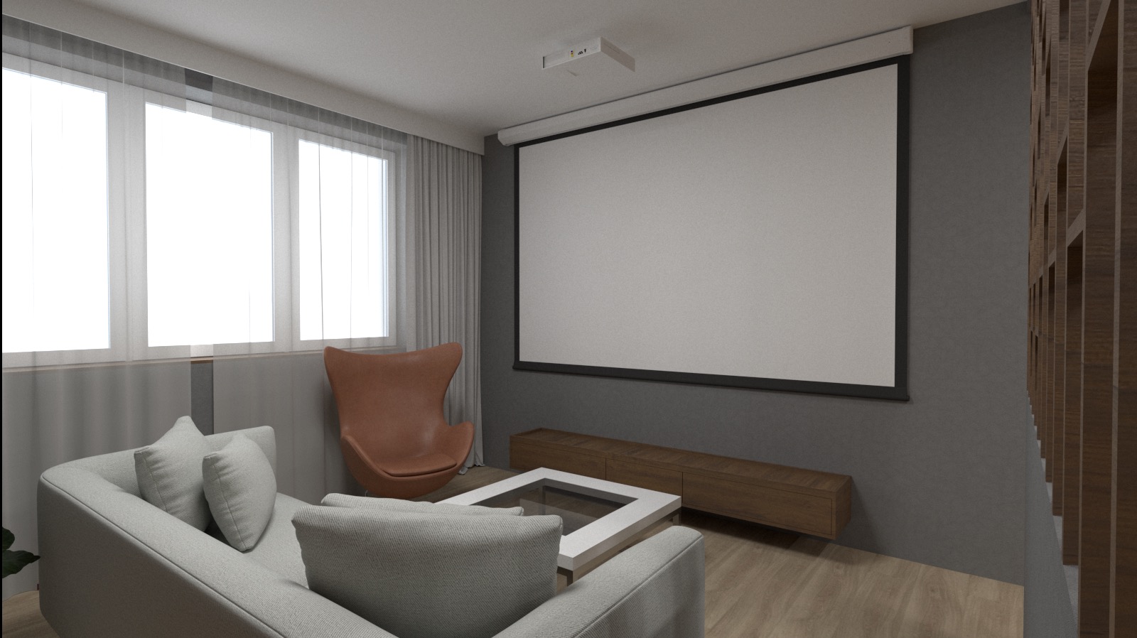 Jasnoszary narożnik z poduszkami, brązowy fotel typu uszak, biały stolik kawowy z szklanym blatem, szafka RTV, ekran projekcyjny i drewniana ażurowa ścianka działowa w minimalistycznym salonie...