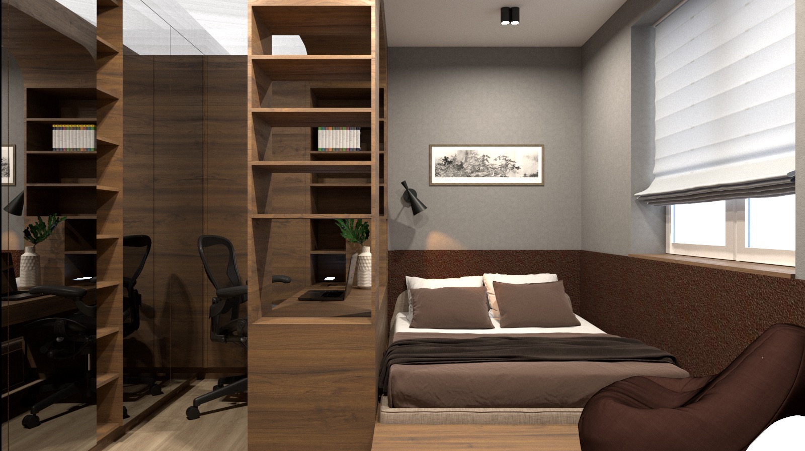 Nowoczesna sypialnia z biurkiem w zabudowie, drewniane regały, łóżko z brązową pościelą, fotel typu worek, roleta rzymska w oknie.