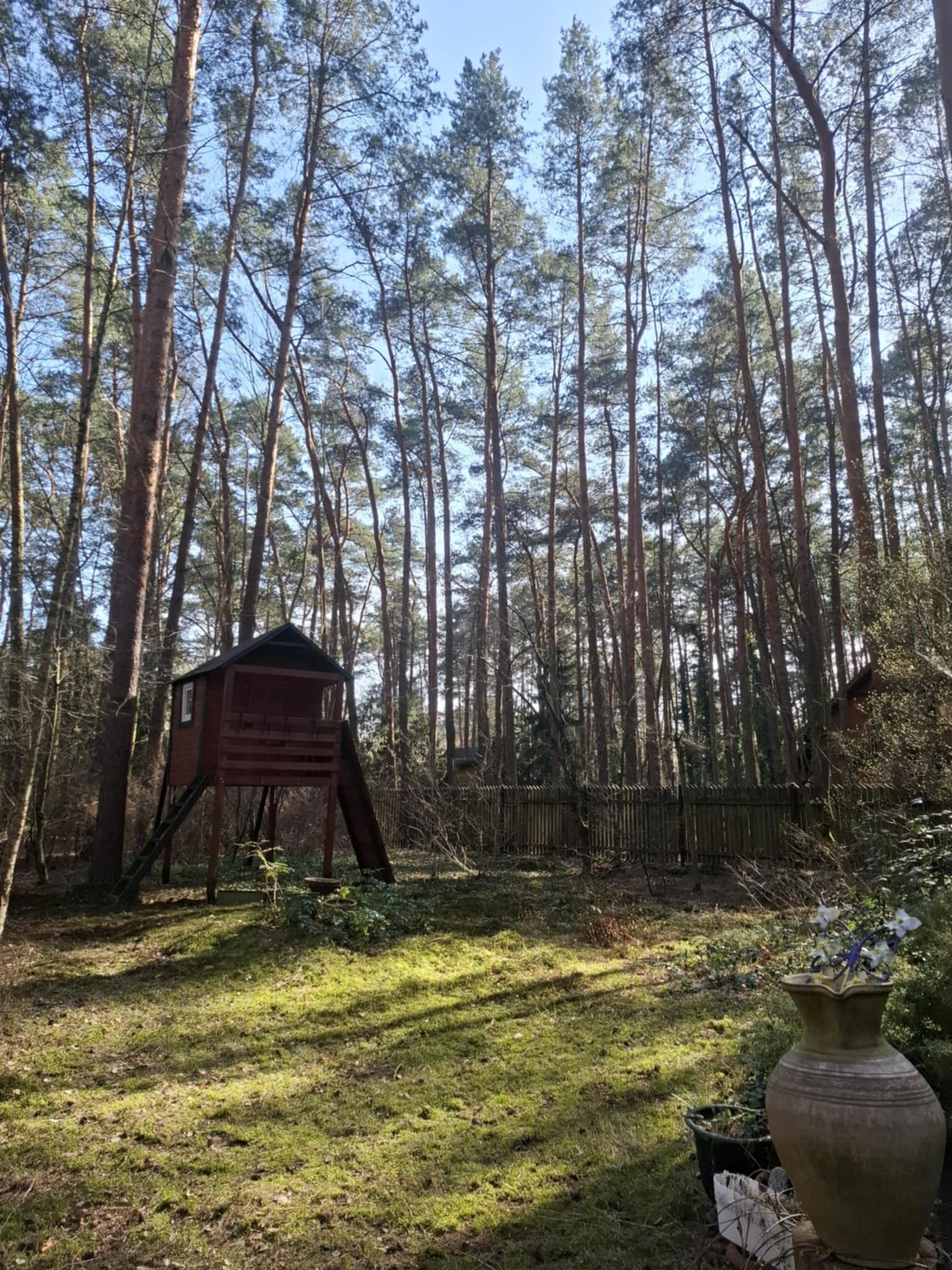 Drewniany domek dla dzieci ze zjeżdżalnią, umieszczony na skraju lasu sosnowego, z widocznym fragmentem trawnika i ceramiczną wazą z kwiatami w pierwszym planie.