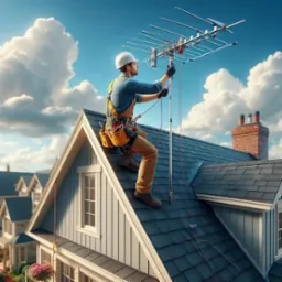 Pracownik w kasku i roboczym pasie, na stromym dachu domu, instaluje antenę telewizyjną na maszcie, na tle błękitnego nieba z obłokami.
