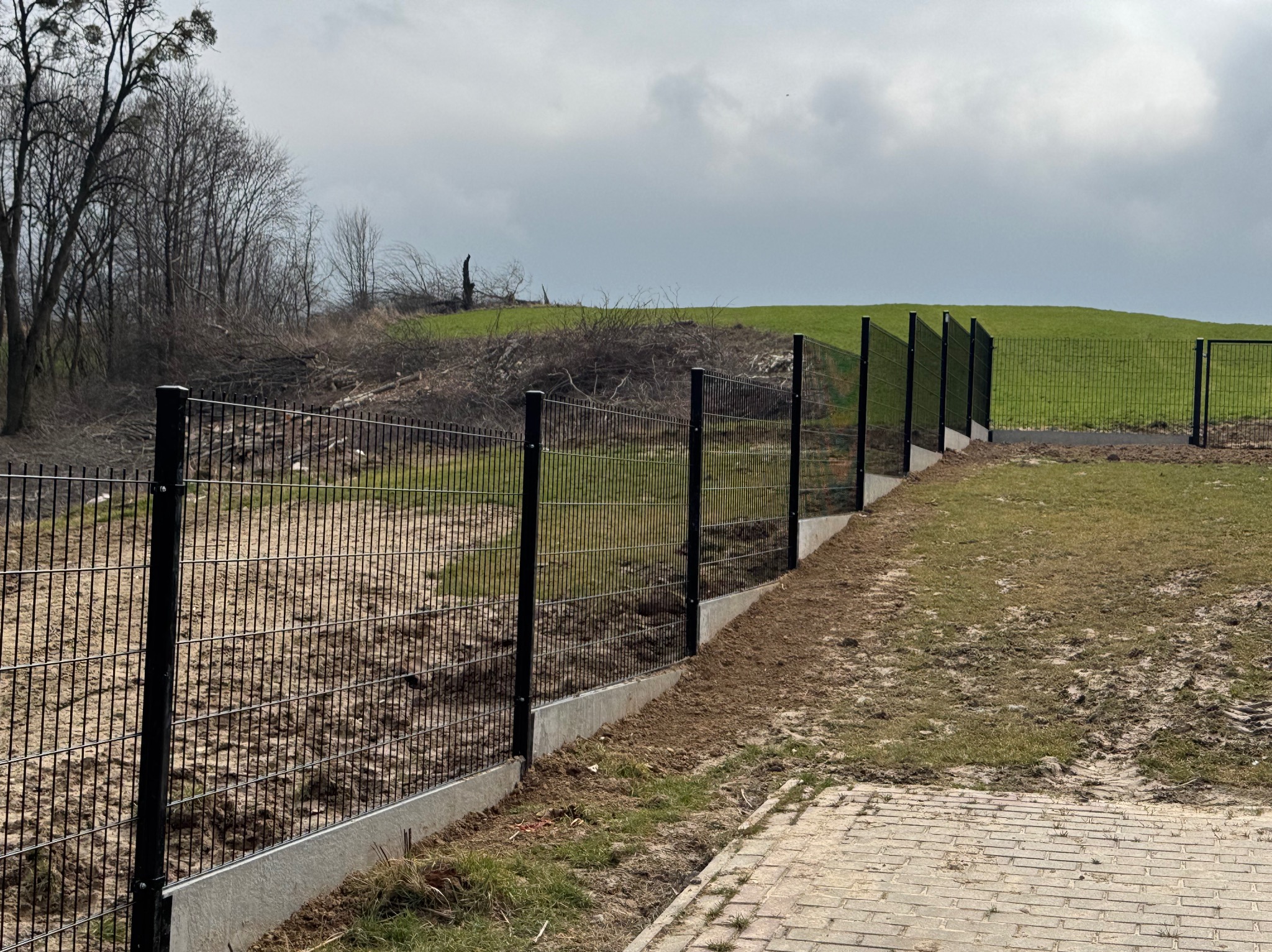 Czarny panel ogrodzeniowy z podmurówką betonową na nierównym terenie, widok na wzgórze z zieloną trawą i drzewa bez liści w tle.