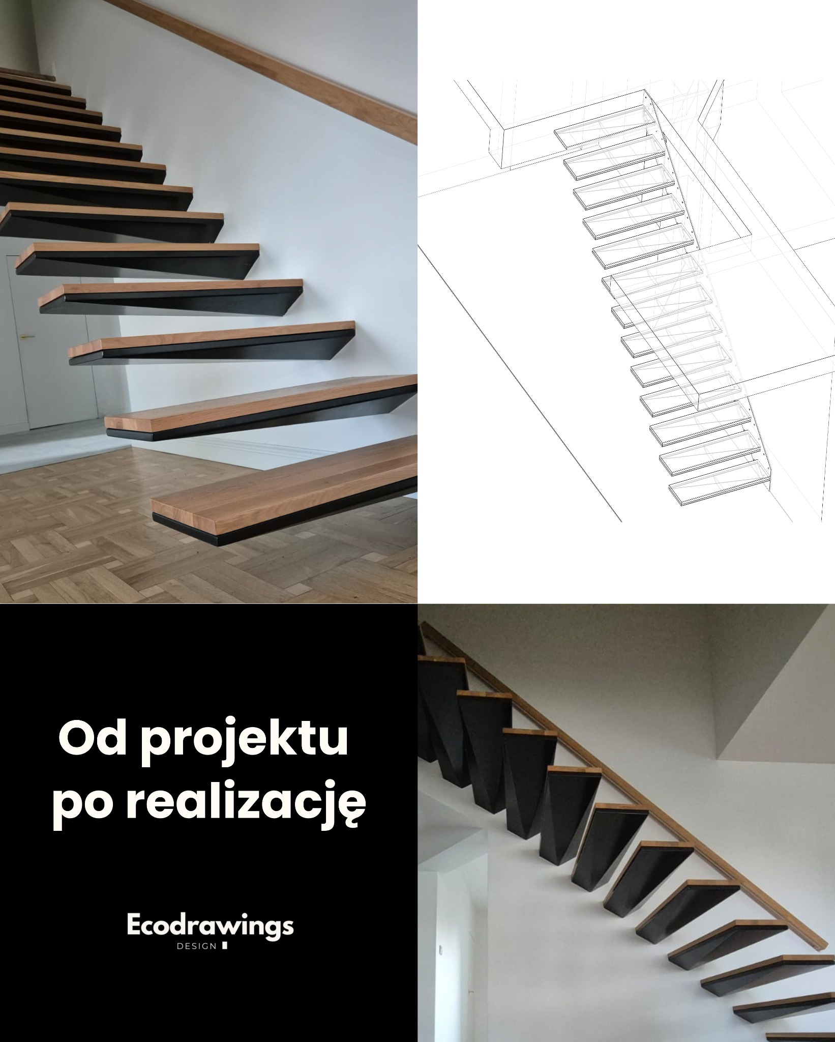 Stalowe schody lakierowane proszkowo ze stopniami dębowymi.