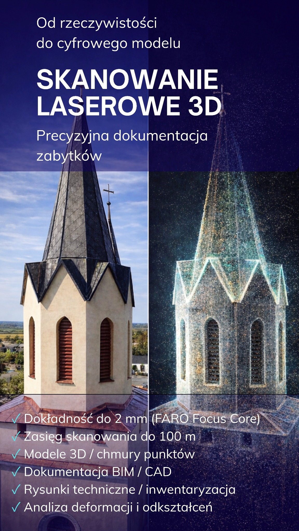 Skanowanie laserowe 3D zabytkowej wieży kościoła: po lewej zdjęcie, po prawej model 3D z chmury punktów. Precyzyjna dokumentacja, analiza deformacji.