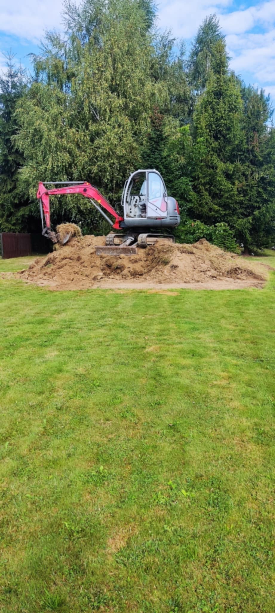 Mała koparka z różowym ramieniem stoi na usypanej górce ziemi na trawniku, w tle widoczne drzewa.