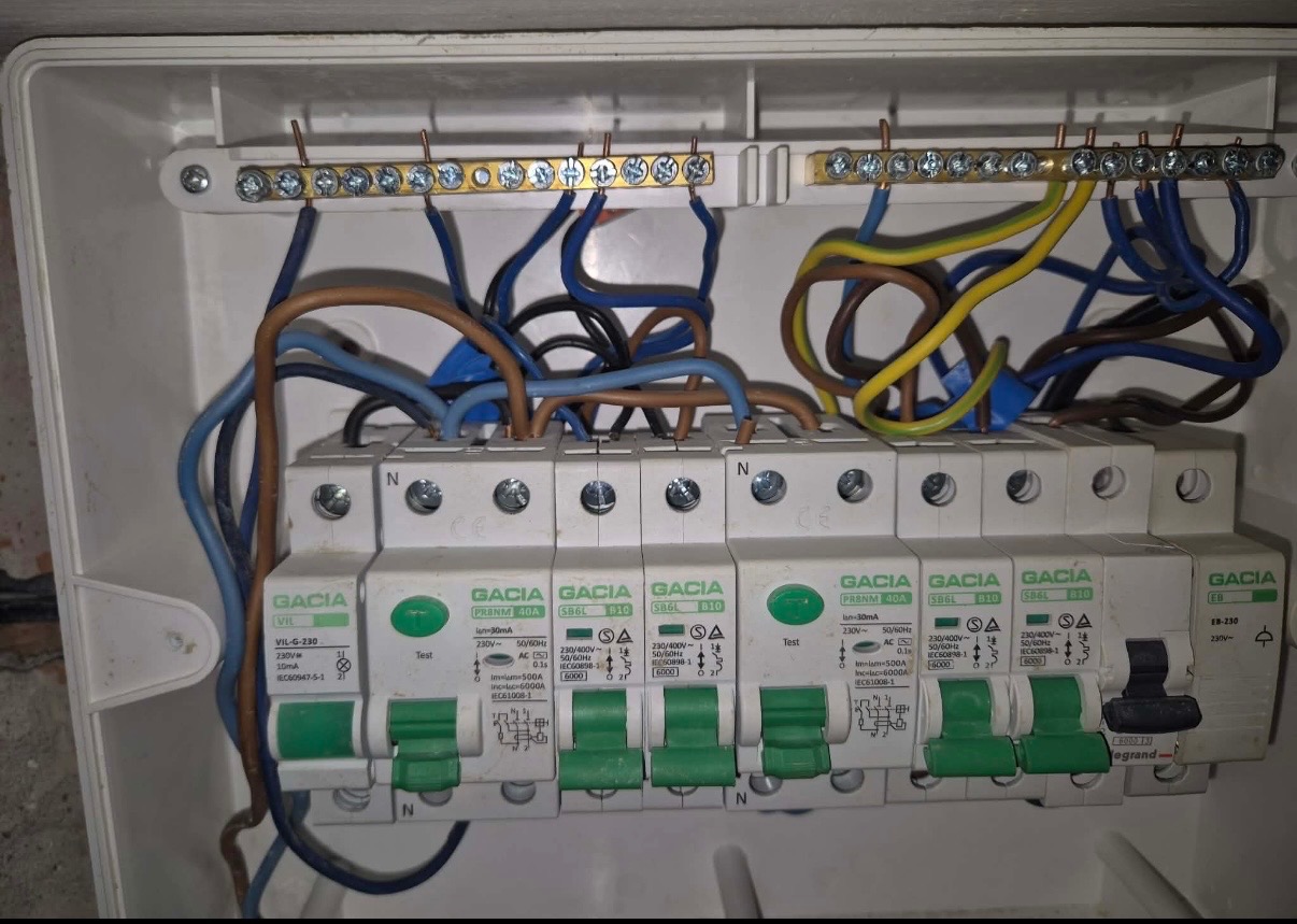 Rozdzielnica elektryczna z bezpiecznikami Gacia i przewodami w kolorach niebieskim, brązowym i żółto-zielonym, zamontowana w białej obudowie.