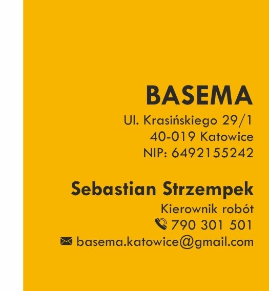 Żółte tło z danymi kontaktowymi firmy BASEMA: adres, NIP, imię i nazwisko Sebastian Strzempek, stanowisko Kierownik robót, numer telefonu i adres e-mail.