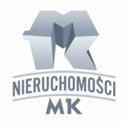 Logo firmy Nieruchomości MK z abstrakcyjnym symbolem litery M i K w odcieniach szarości.
