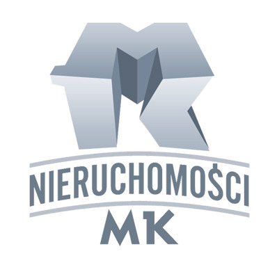 Logo firmy Nieruchomości MK z abstrakcyjnym symbolem litery M i K w odcieniach szarości.