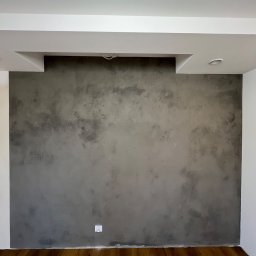 Mirosław Nieśpiał Mr Handy - Ściana z dekoracyjną szarą fakturą, widoczne drewniane panele podłogowe i białe wykończenia sufitu z wnęką na oświetlenie.