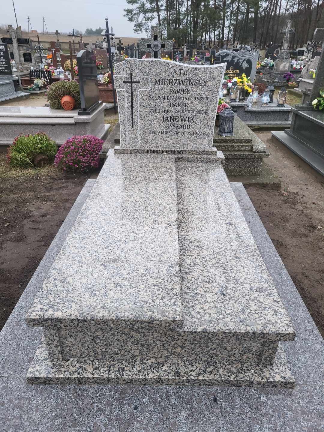 Granitowy nagrobek z inskrypcjami na cmentarzu, widok z przodu, w tle inne groby i drzewa.