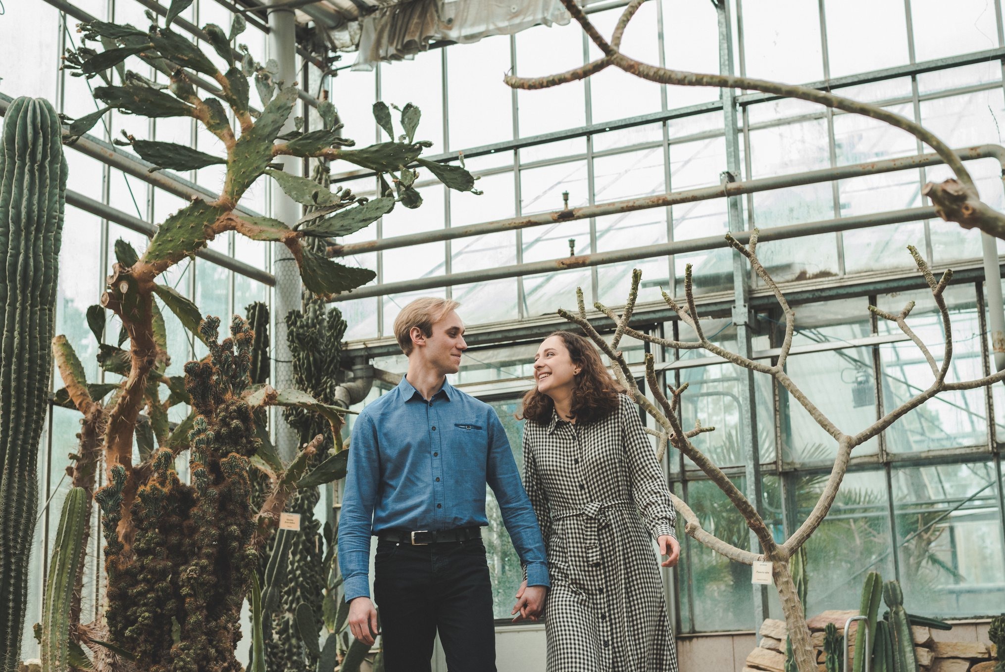 Para trzymająca się za ręce w szklarni, otoczona kaktusami i egzotyczną roślinnością, z delikatnym uśmiechem i spojrzeniem skierowanym ku sobie.